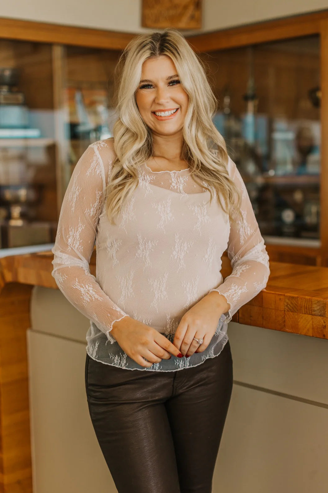 WHITE MESH LONG-SLEEVE TOP