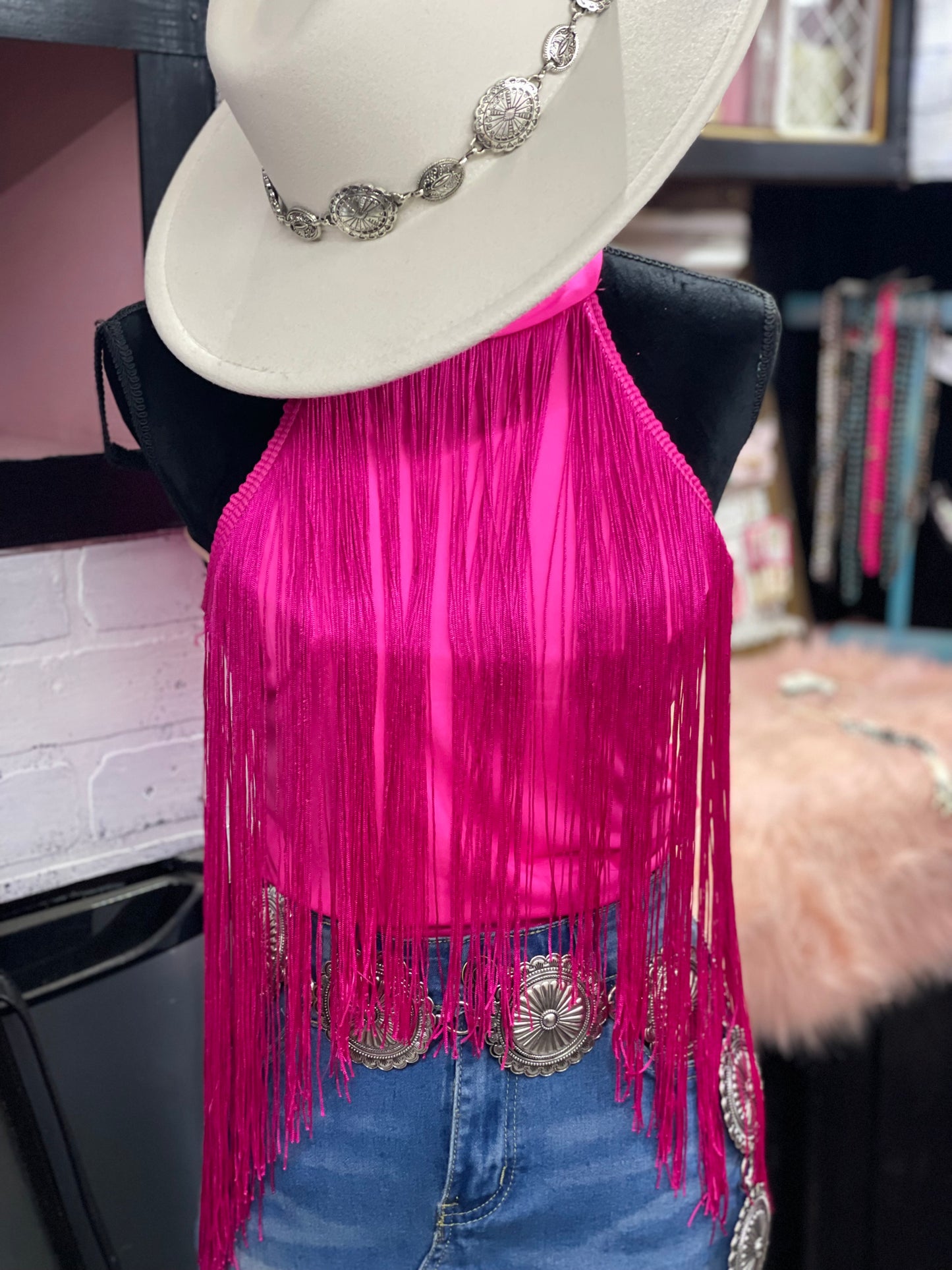 PARTY COWGIRL FRINGE HALTER TOP / Fuchsia