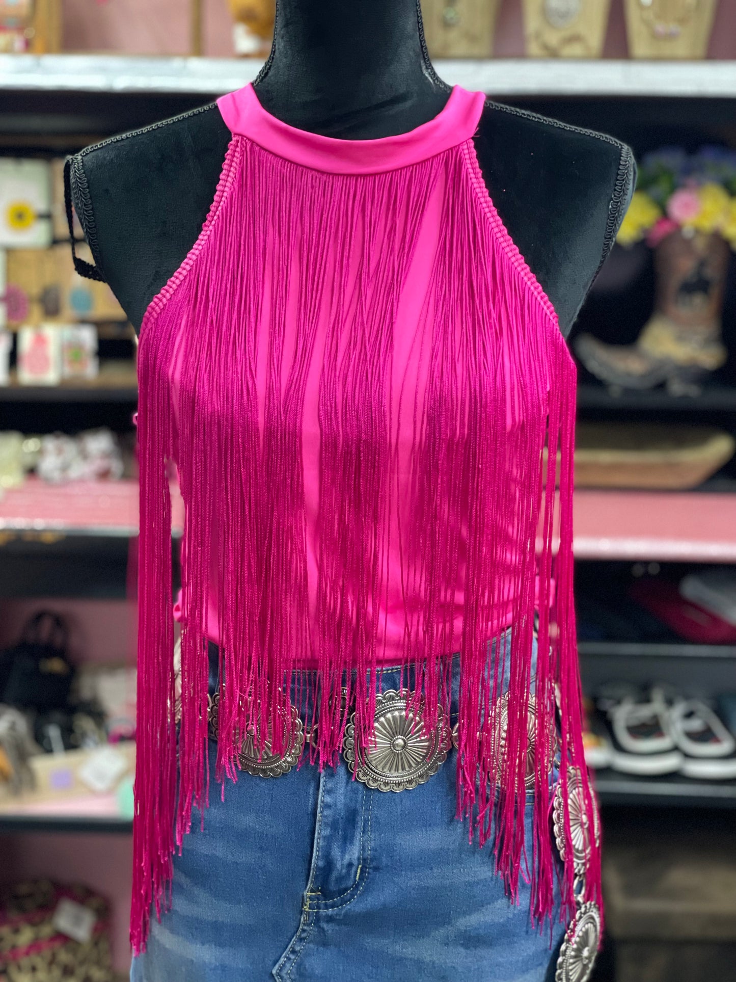 PARTY COWGIRL FRINGE HALTER TOP / Fuchsia