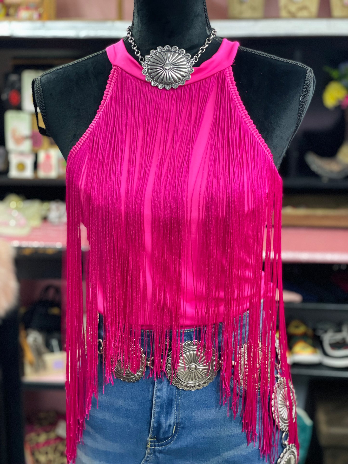 PARTY COWGIRL FRINGE HALTER TOP / Fuchsia