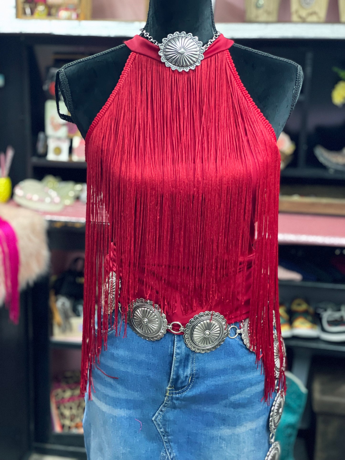 PARTY COWGIRL FRINGE HALTER TOP / Red
