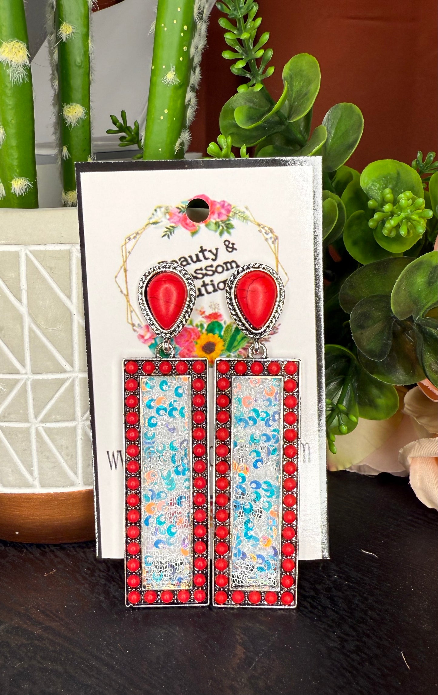 LET’S GO SQUARE SEQUIN EARRINGS- red