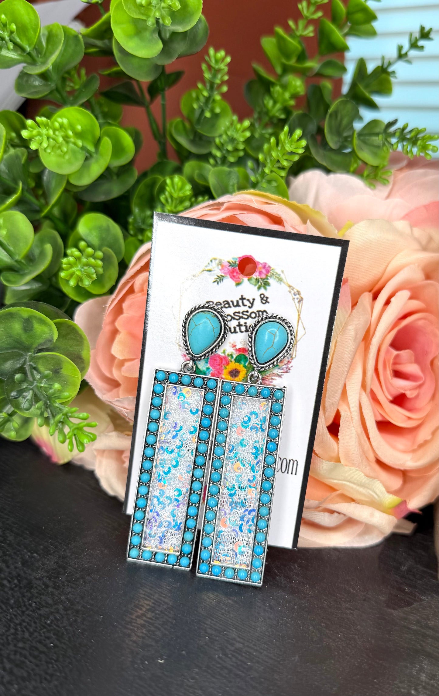 LET’S GO SQUARE SEQUIN EARRINGS- Turq