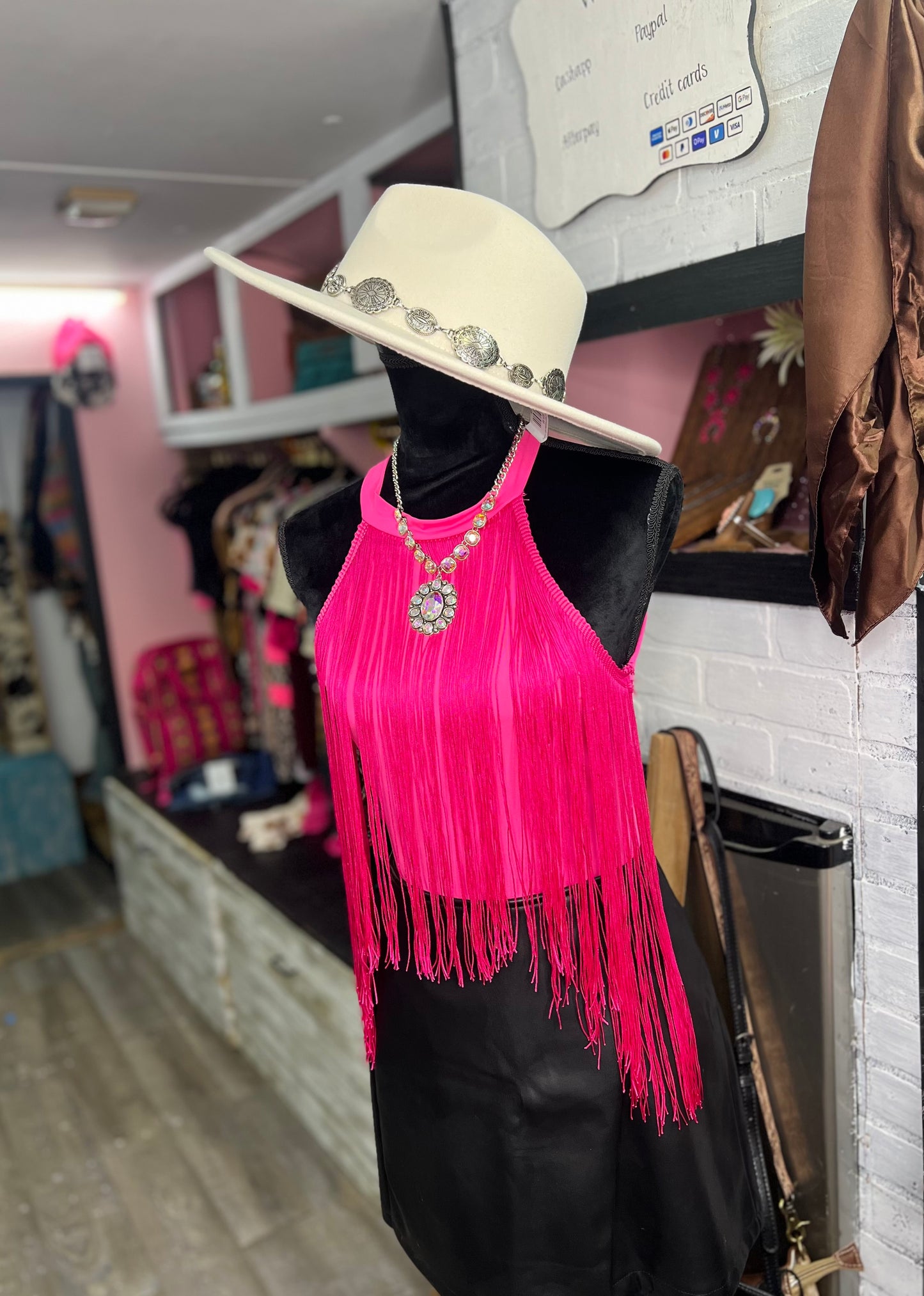 PARTY COWGIRL FRINGE HALTER TOP / Fuchsia