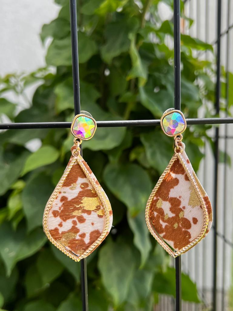 Rhinestone Cowhide Earrings (BROWN)