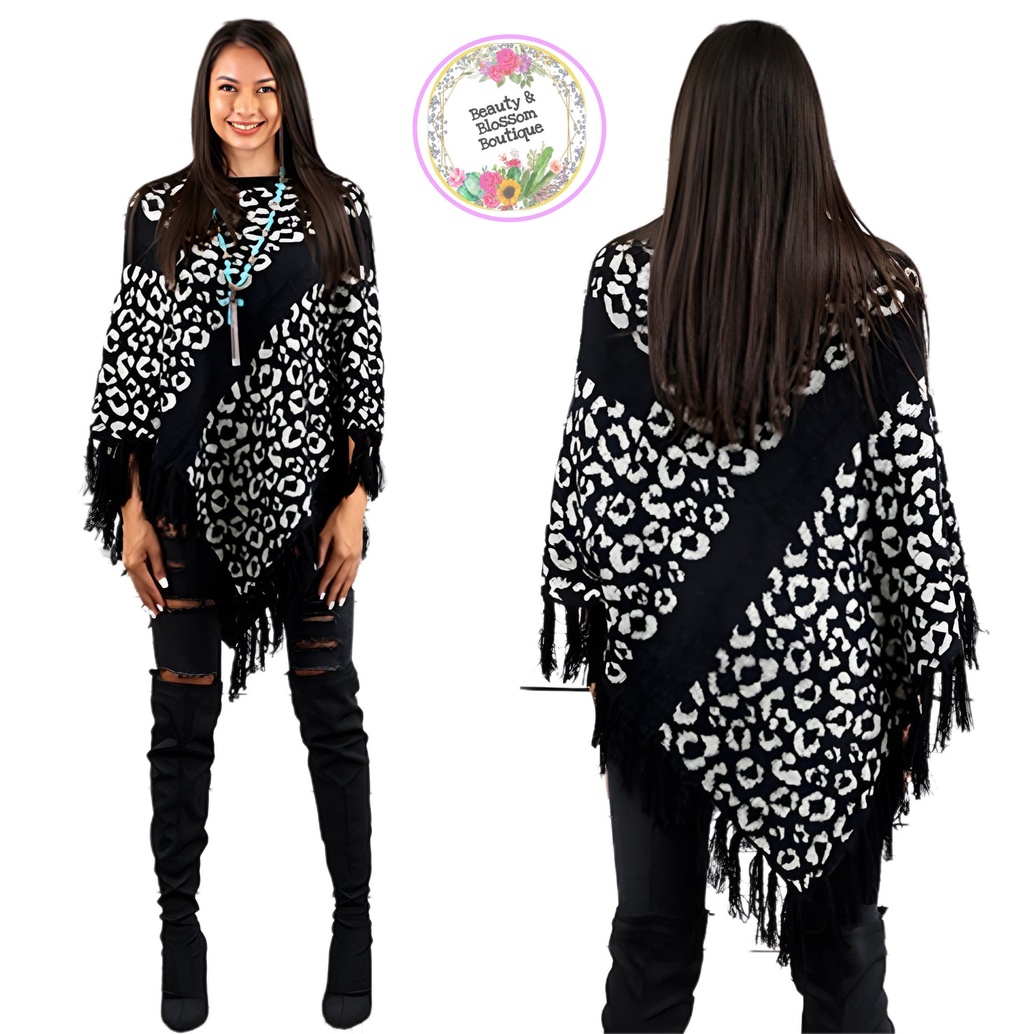 LEOPARD PONCHO WITH FRINGE - BLACK