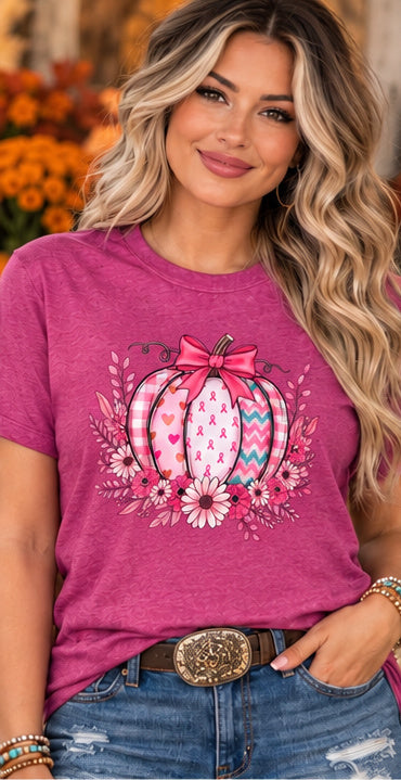 Pink Ribbon Patchwork Pumpkin Graphic Tee - Design 74