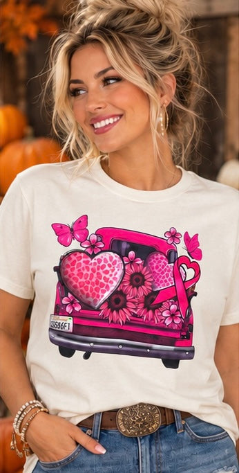 Pink Ribbon Vintage Truck Graphic Tee - Design 73