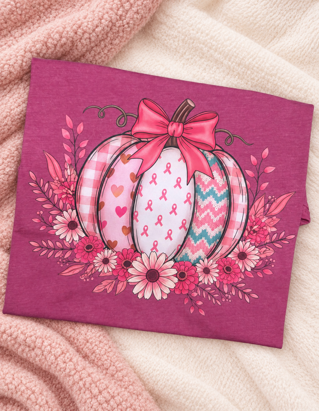 Pink Ribbon Patchwork Pumpkin Graphic Tee - Design 74