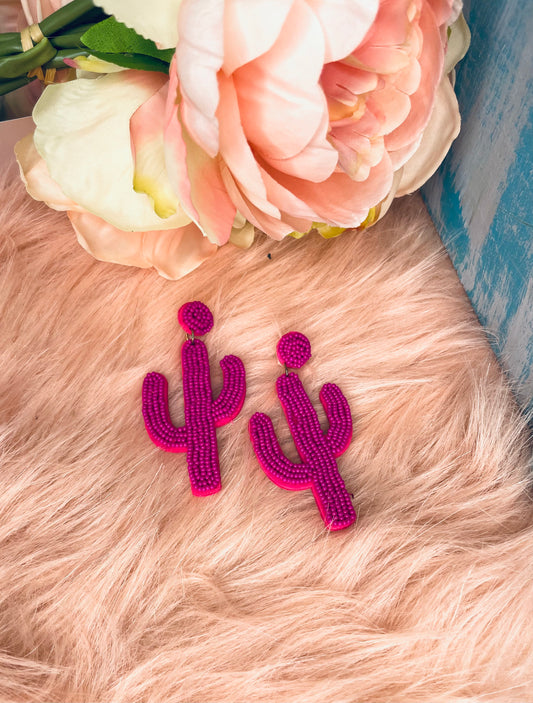 PINK SEED BEADED CACTUS EARRINGS