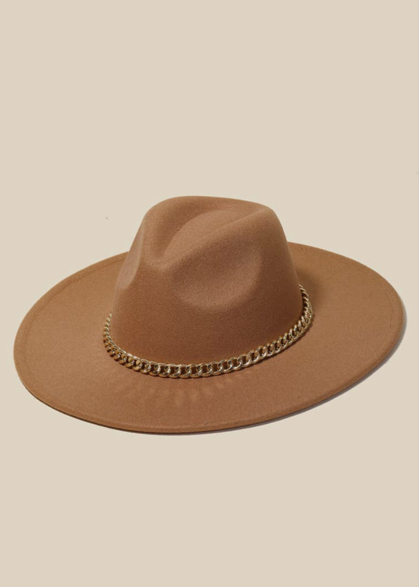 TAN - CHAIN BAND FEDORA HAT