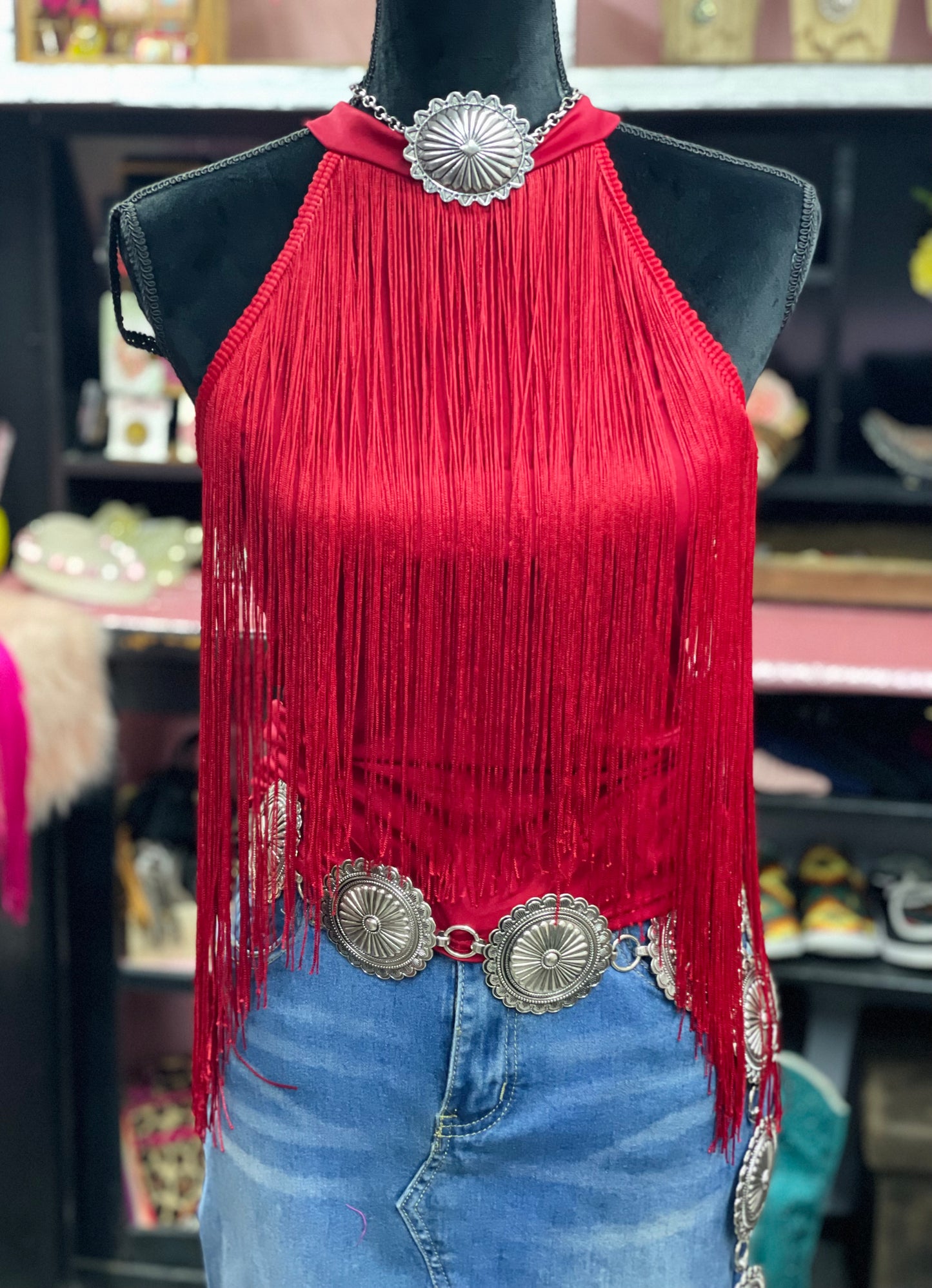PARTY COWGIRL FRINGE  HALTER TOP / Red