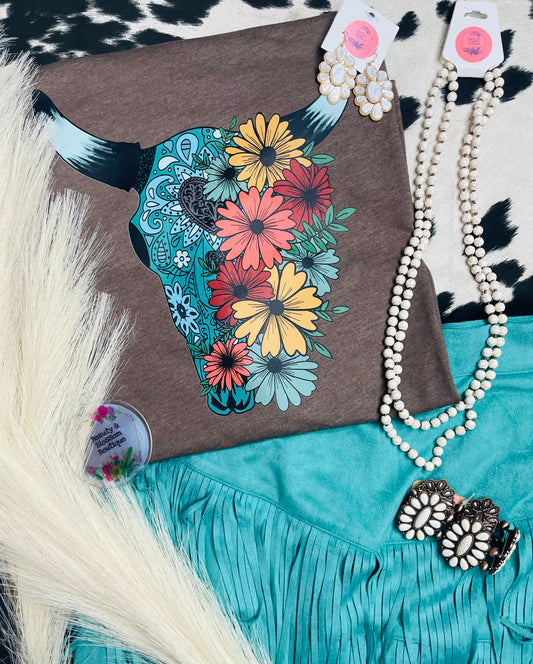 TURQUOISE FLOWER STEER TEE- 294