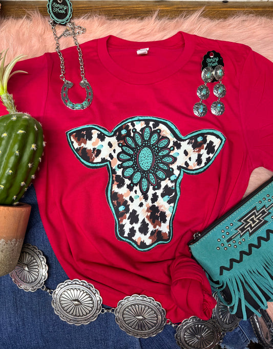 TURQUOISE LEOPARD COW TEE- 100