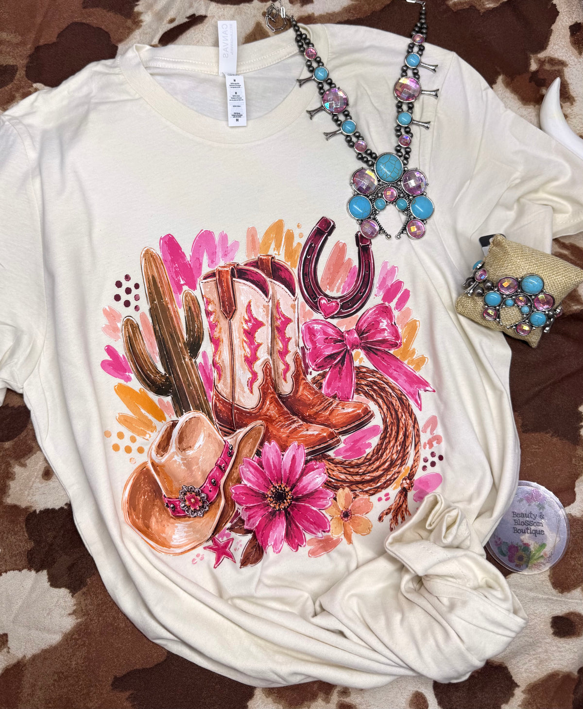 Pink Cowgirls Boots & Flowers Graphic Tee - Design 98