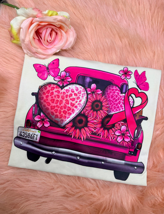 Pink Ribbon Vintage Truck Graphic Tee - Design 73