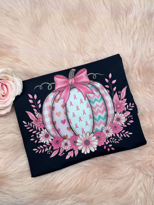 Pink Ribbon Patchwork Pumpkin Graphic Tee - Design 74