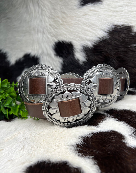 FLORAL CONCHO BELT Genuine Cowhide Leather
