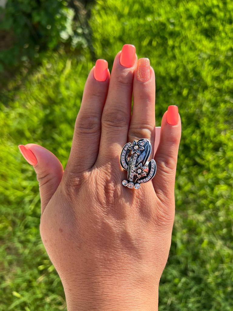 SILVERTONE AND CRYSTAL FLOWERING CACTUS RING