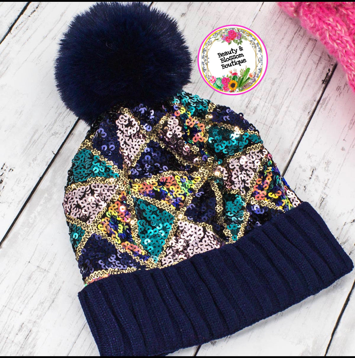 SEQUIN BEANIE- NAVY BLUE