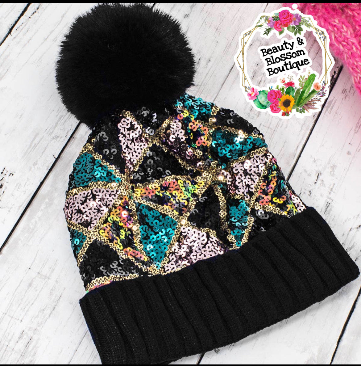 SEQUIN BEANIE- BLACK