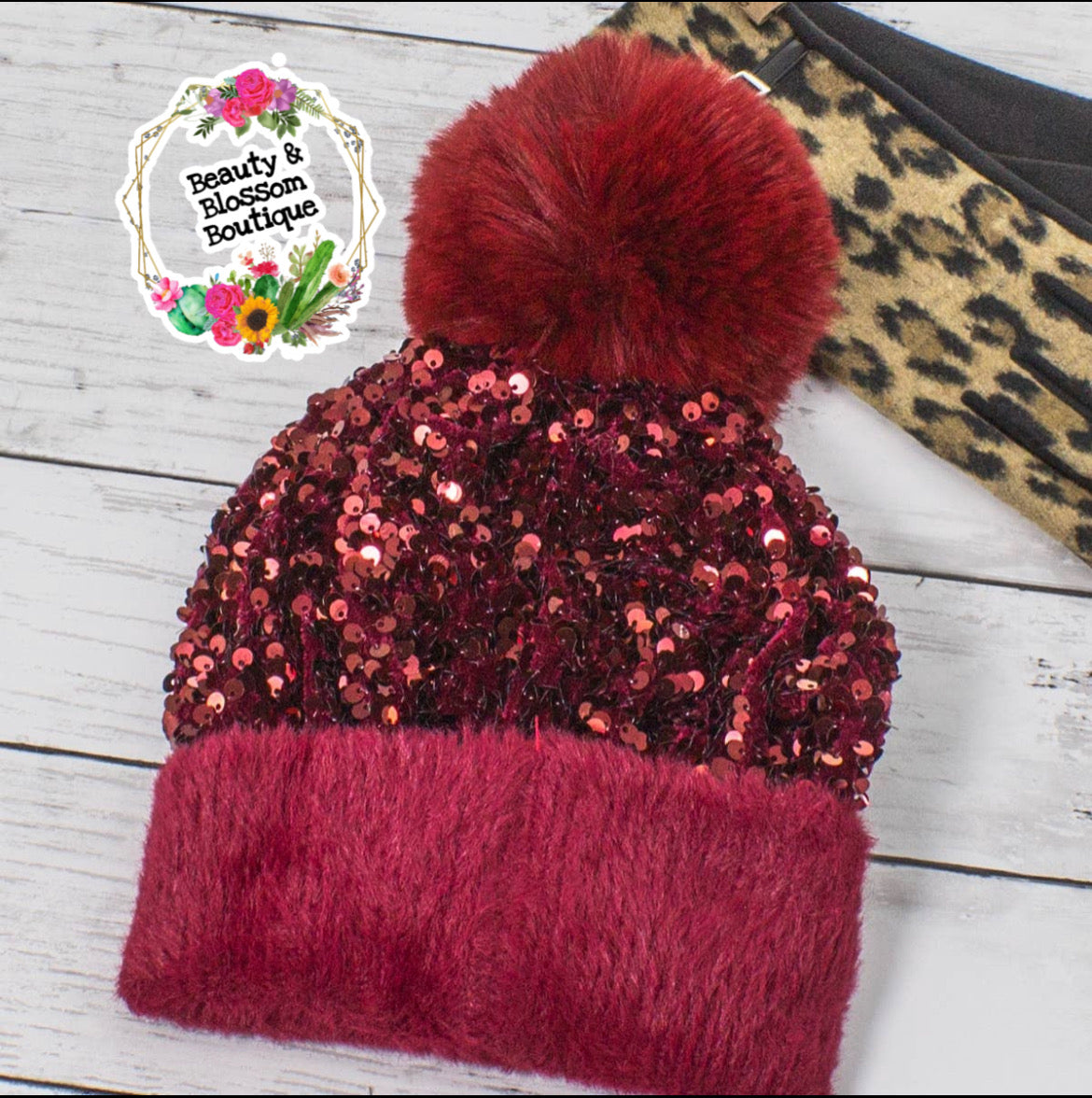 BURGUNDY SEQUIN BEANIE- KIDS