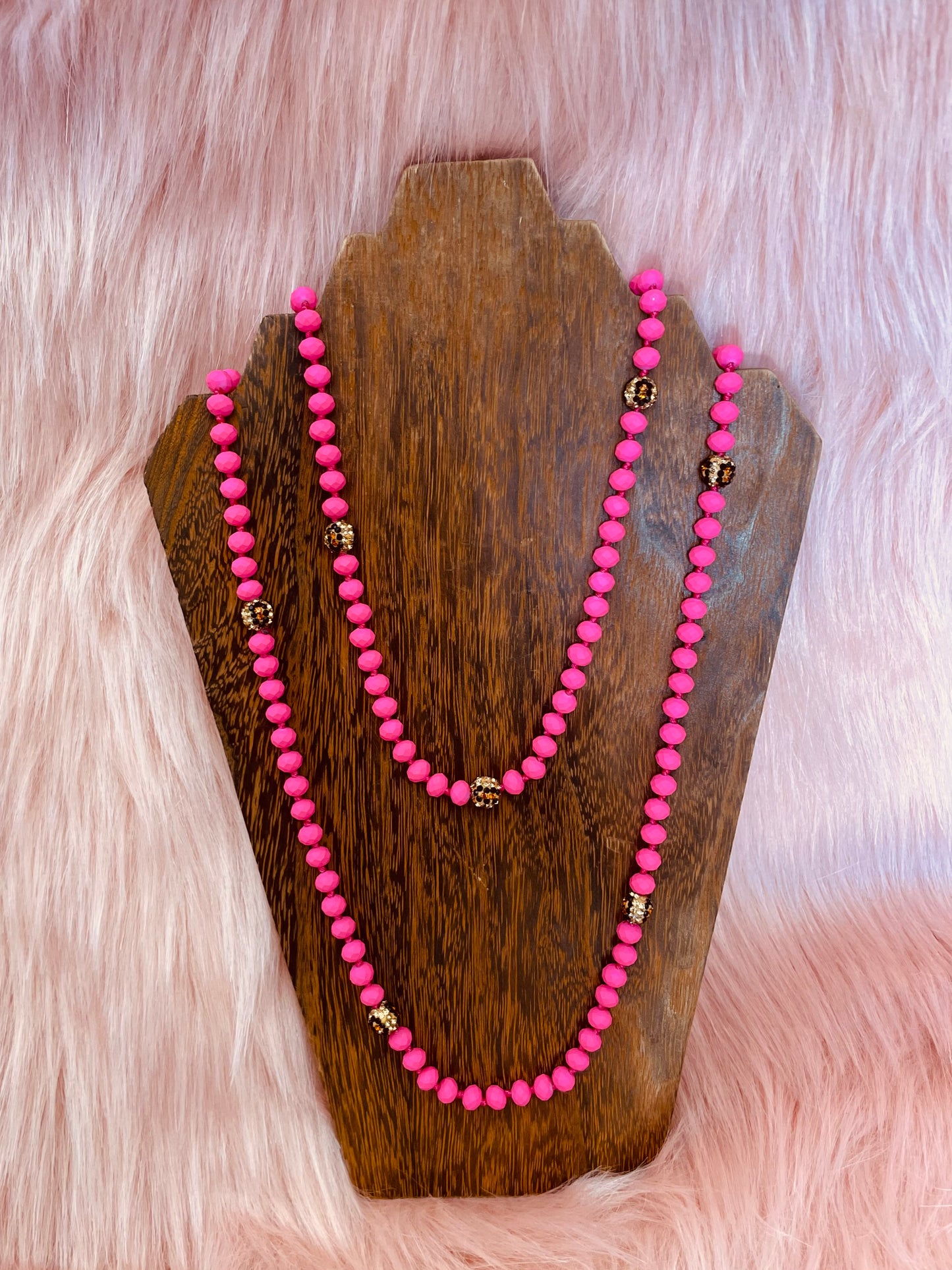 Neon Pink Leopard Beaded Necklace